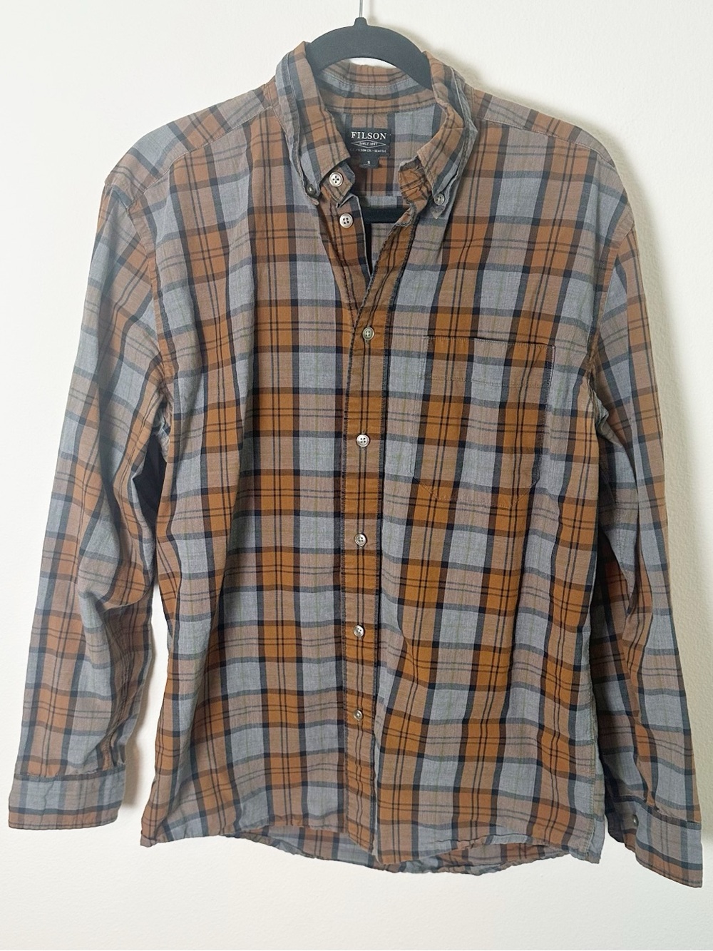 Filson Men's Plaid Long Sleeve Button Down Shirt Yellow Grey Small